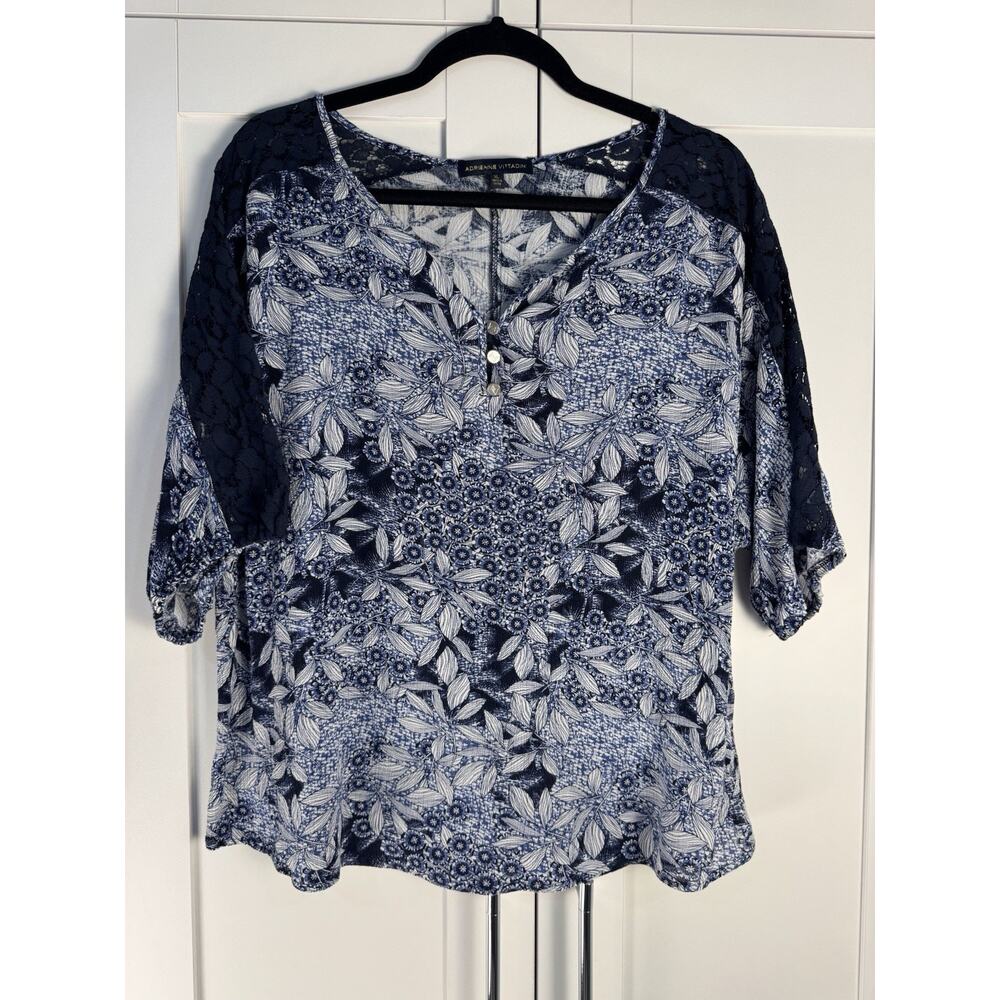 Adrienne Vittadini Floral Lace Tunic Blue White 3/4 Sleeve Boho XL